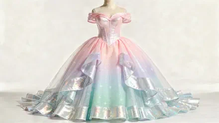 4K Ultra HD PC desktop wallpaper: pastel mermaid princess dress on a mannequin — iridescent pink-to-mint ball gown with layered metallic ruffles and off-shoulder bodice.