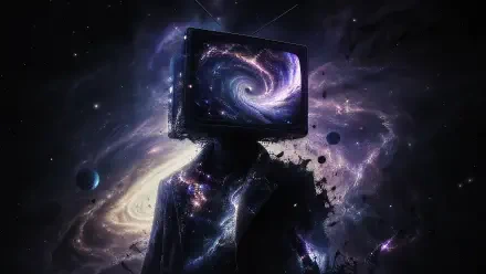 4K Ultra HD PC desktop wallpaper: TV-head figure in a suit, a swirling galaxy on its screen, standing amid purple cosmic clouds, stars and drifting debris.