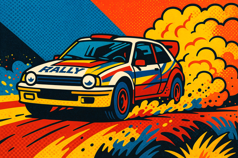 {{ Pop-art rallying car racing through clouds of dust in bold red, yellow and blue — 4K Ultra HD PC desktop wallpaper and background.
