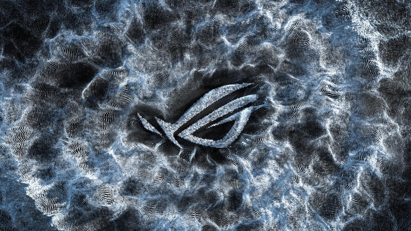 {{ Asus ROG emblem formed by a glowing blue-white pattern over dark texture — 4K Ultra HD Asus PC desktop wallpaper/background 