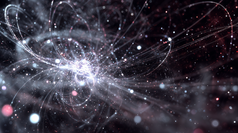 {{ 4K Ultra HD PC wallpaper: luminous quantum field — swirling filaments and particles radiating from a bright central nexus against a dark cosmic background. 
