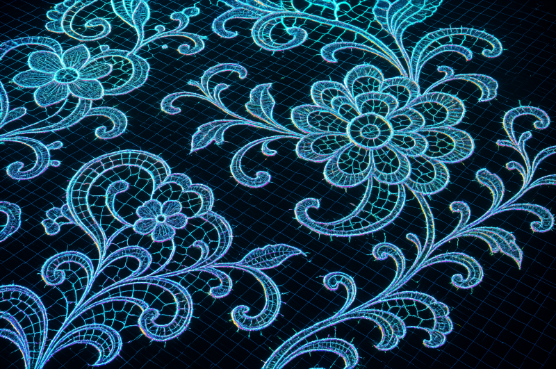{{ Glowing blue lace floral motifs on a dark grid, rendered as a 4K Ultra HD PC desktop wallpaper.