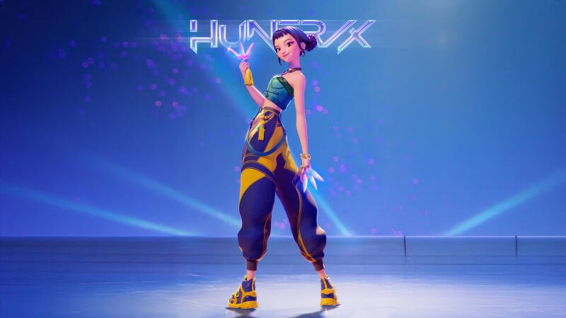 {{ KPop Demon Hunters 5K Ultra HD PC desktop wallpaper: stylized K-pop demon hunter in neon streetwear wielding a glowing dagger, striking a confident pose on a futuristic stage. 