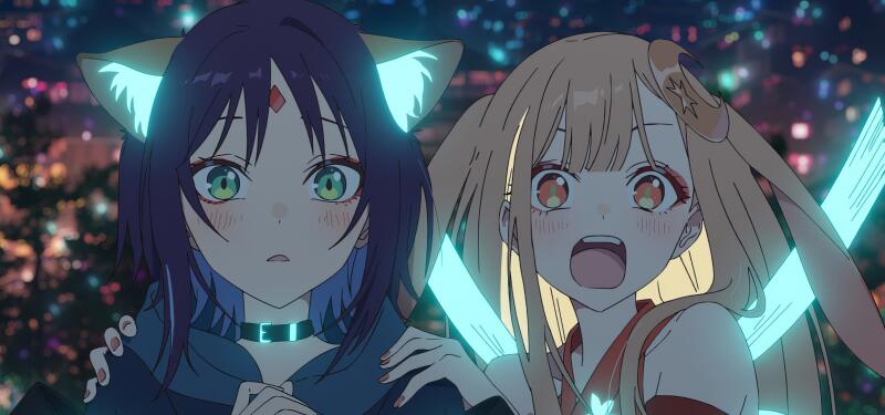{{ HD PC desktop wallpaper — Anime Cosmic Princess Kaguya!: two girls in a neon cosmic night, dark-haired with glowing cat ears and teal eyes, blonde cheering while holding a luminous blade against starry lights.