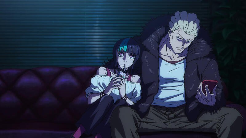{{ 4K Ultra HD PC wallpaper of Jujutsu Kaisen: Kirara Hoshi and Kinji Hakari lounging on a neon-lit couch, Kirara snacking while Hakari checks his phone.