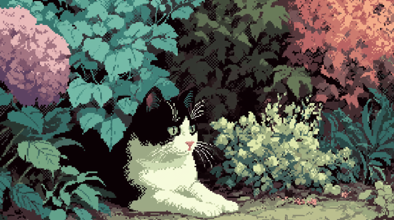 {{ Pixel-art AI-generated 2K Quad HD desktop wallpaper of a black-and-white cat lounging amid lush leafy plants and small flowers.