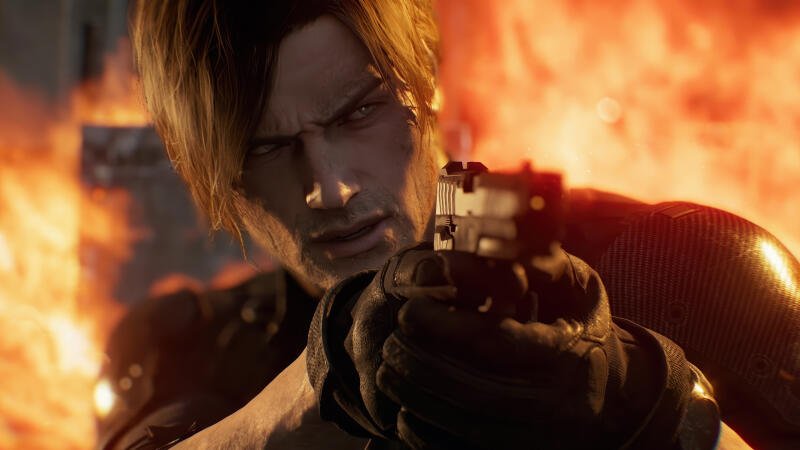 {{ 4K Ultra HD PC wallpaper: Leon S. Kennedy from Resident Evil Requiem aims a pistol toward the viewer against a fiery backdrop. 