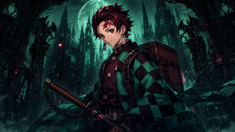 {{ Tanjiro Kamado stands with his sword beneath a full moon over a dark, gothic city; 4K Ultra HD PC desktop wallpaper background. 