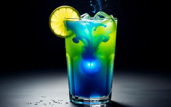 Vivid blue-green juice in a glass with ice and a lemon wedge, glowing core and scattered droplets on a dark reflective surface — 4K Ultra HD PC Desktop Wallpaper and Background