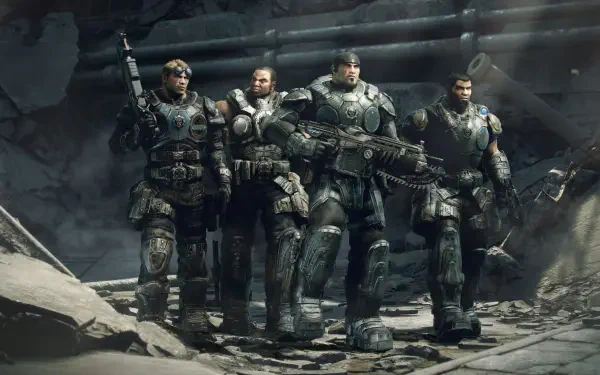 Video game HD PC desktop wallpaper and background — Gears Of War: Reloaded scene of four armored soldiers in bulky combat gear walking through a ruined industrial battlefield with weapons drawn.