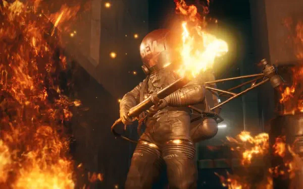 4K Ultra HD PC desktop wallpaper and background from the video game Metal Gear Solid Δ: Snake Eater — armored soldier firing a flamethrower through roaring flames.