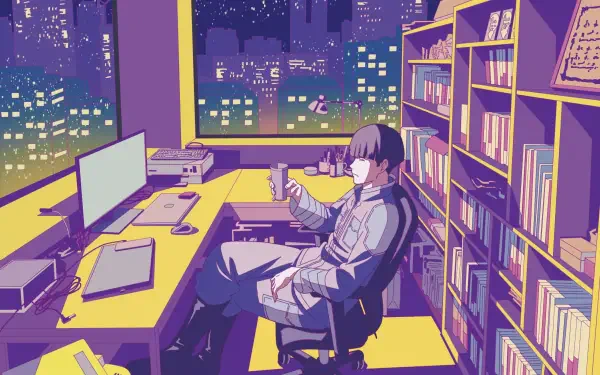 Anime HD PC wallpaper of Soushirou Hoshina (Kaiju No. 8) at a night city-view desk, sipping a mug amid monitors, bookshelves and a neon-lit skyline.