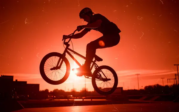Silhouette of a BMX rider mid-air against a fiery sunset, 4K Ultra HD PC desktop wallpaper and background with dramatic orange sky.