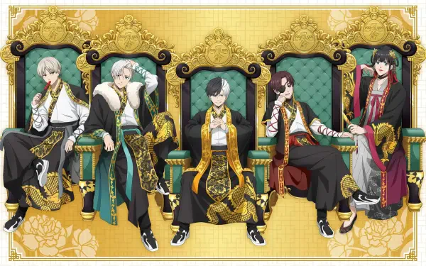 Anime Wind Breaker HD PC desktop wallpaper/background: five stylish characters in ornate gold-and-green outfits seated on thrones against a decorative yellow patterned backdrop.