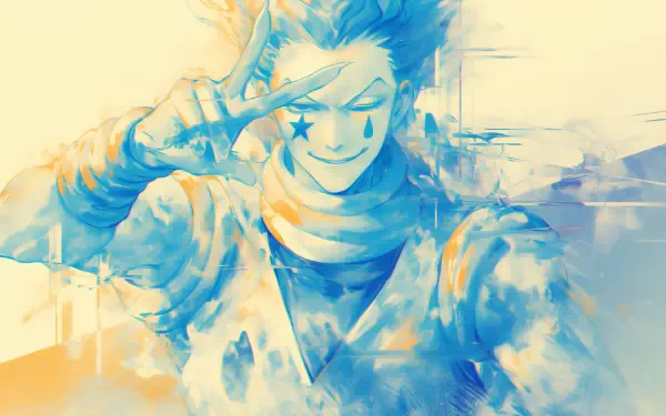 HD desktop wallpaper of Hisoka (Hunter × Hunter) in a white anime palette, grinning and flashing a peace sign amid soft blue and yellow watercolor strokes.