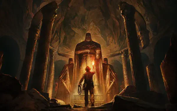 HD PC desktop wallpaper: scene from the video game Indiana Jones and the Great Circle — an explorer with a torch faces towering ancient statues in a glowing cavern.