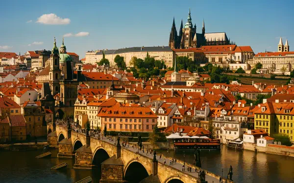 Prague skyline with Charles Bridge, red‑roofed Old Town and Prague Castle in the Czech Republic — 4K Ultra HD PC desktop wallpaper and background.