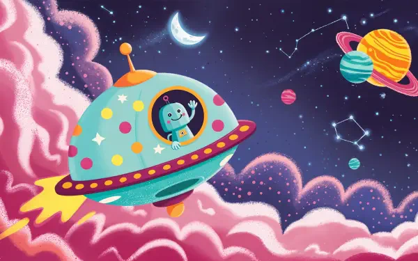 Whimsical 4K Ultra HD PC desktop wallpaper and background of a cheerful robot piloting a polka-dot UFO above pink clouds, planets and constellations.