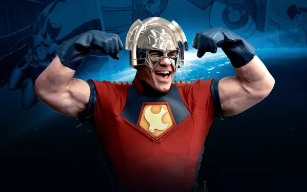 Peacemaker (DC Comics) TV show hero flexing in a silver helmet and red suit, grinning against a deep blue backdrop — 4K Ultra HD PC desktop wallpaper and background.