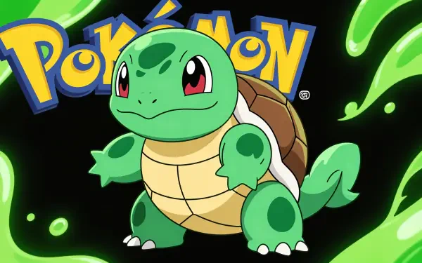 HD PC desktop wallpaper of Squirtle (Pokémon) centered on a black background with neon-green splash accents and the Pokémon logo.