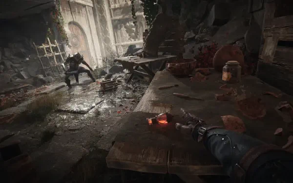 4K Ultra HD PC desktop wallpaper/background: Alkahest video game — first-person view of a gauntleted hand clutching a glowing red relic in a rain-slick, ruined medieval hall as an enemy advances.