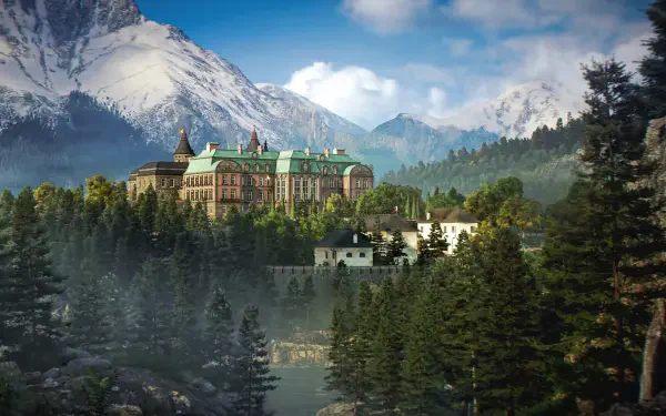 HD PC desktop wallpaper from the video game 007: First Light — a gaming environment depicting a grand mansion nestled in misty forest with snow-capped mountains in the background.