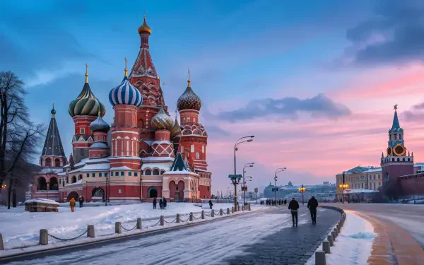 St. Basil's Cathedral in Moscow at sunset, snowy boulevard with pedestrians — Russia 4K Ultra HD PC desktop wallpaper/background.