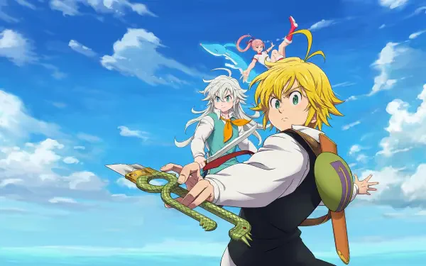 The Seven Deadly Sins artwork: Meliodas and Elizabeth reach forward with a blade against a bright blue sky — vibrant 4K Ultra HD PC desktop wallpaper and background.