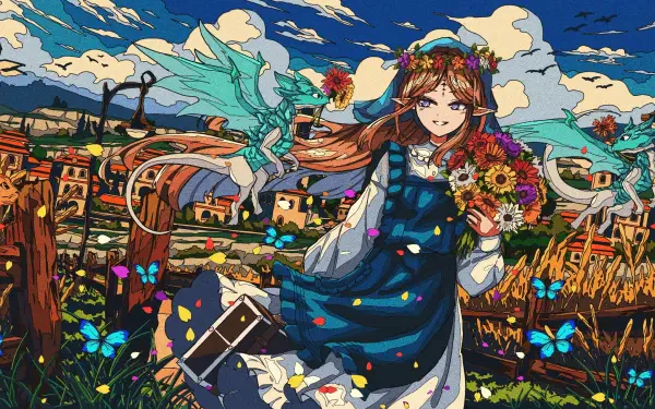 HD desktop wallpaper/background of Cartethyia (Wuthering Waves): smiling girl with floral crown holding flowers, a small drake on her shoulder, butterflies and a village beneath a blue sky.