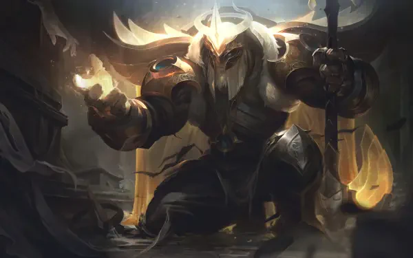 Yorick (League of Legends) in armored hood, lantern aglow and shovel raised in a haunted graveyard — HD PC desktop wallpaper and background.