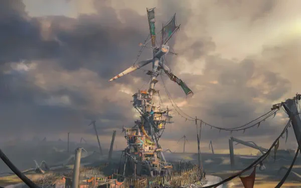 4K Ultra HD PC desktop wallpaper and background from the video game Dying Light: The Beast — a ramshackle windmill fortress rising from marshes beneath brooding, storm-laden skies.