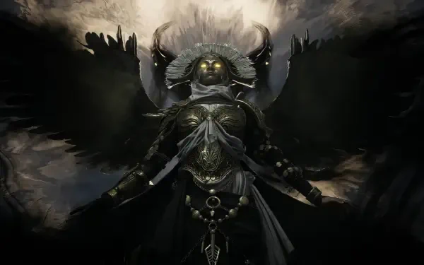 HD PC desktop wallpaper of a dark angel from the video game Titan Quest II: horned armored figure with glowing eyes, tattered black wings and ornate chest armor against a stormy backdrop.