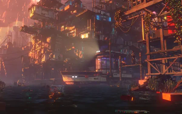 HD PC wallpaper/background: Nivalis video game scene — neon-lit floating city and dock at dusk, boats and stacked modular buildings reflected in dark water.