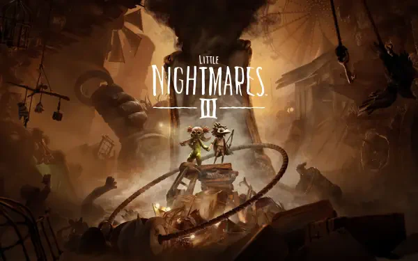 Little Nightmares III video game 4K Ultra HD PC desktop wallpaper: two small figures on a wrecked pile as giant tentacled machinery looms in an orange-lit industrial ruin.