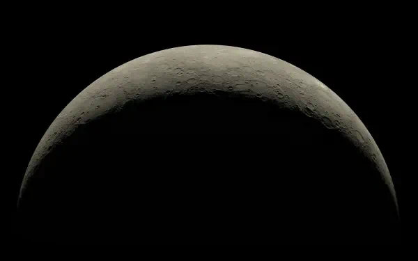 HD PC desktop wallpaper: crescent planet over a dark horizon, subtle aurora hues along the limb in a serene space landscape.