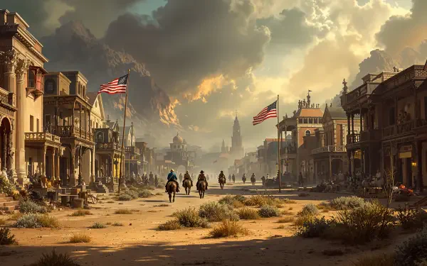 Wild West 4K Ultra HD PC desktop wallpaper and background: dusty frontier town at sunset with mounted riders approaching, American flags flying, dramatic clouds and distant mountains.