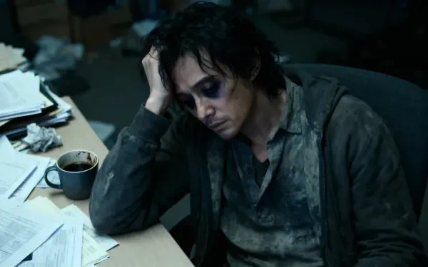 Burnt out person slumped at a cluttered desk with cold coffee and scattered papers — moody, cinematic 4K Ultra HD PC desktop wallpaper and background.