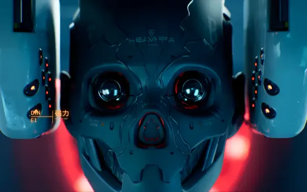Close-up of a cybernetic skull with glowing red and blue lights from Metal Eden video game — HD PC desktop wallpaper/background.