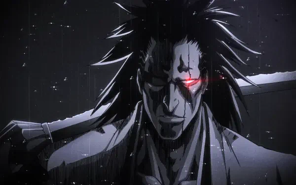 HD PC desktop wallpaper: dark anime portrayal of Kenpachi Zaraki (Bleach) — close-up with wild hair, scarred face, glowing red eye, sword across his shoulders in rain.