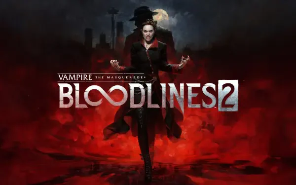 Video game 4K Ultra HD PC desktop wallpaper: Vampire: The Masquerade - Bloodlines 2 gaming art showing a red‑cloaked vampire striding toward the viewer with a moonlit city skyline and blood‑red mist.