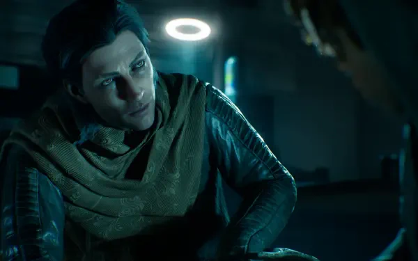 4K Ultra HD PC desktop background for the video game Vampire: The Masquerade - Bloodlines 2: a pale vampire leans beneath a haloed light in a neon-lit interior.