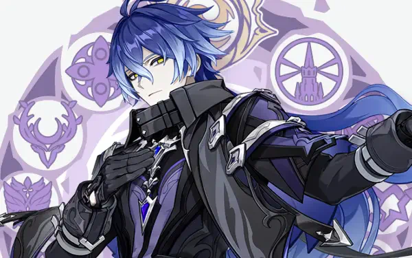 HD PC desktop wallpaper of Flins from the video game Genshin Impact: blue-haired, purple-accented character in a dark ornate coat, hand to chest, posed before a decorative circular sigil.