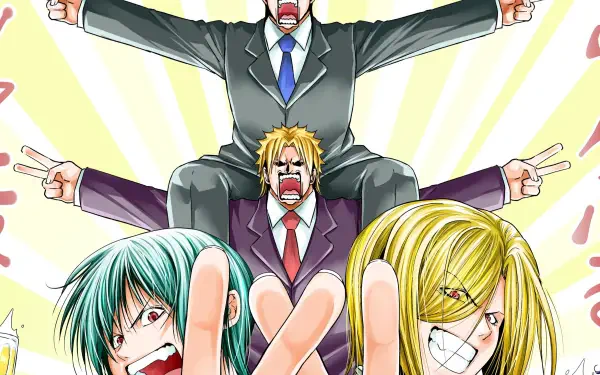 Anime Grand Blue HD PC desktop wallpaper depicting three boisterous characters in suits stacked into a pyramid, flashing peace signs against a bright yellow sunburst background.