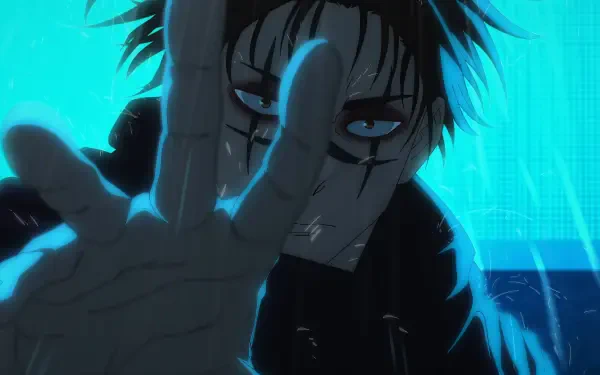 HD PC wallpaper of Choso from Jujutsu Kaisen reaching toward the viewer, intense glare and outstretched hand set against a glowing electric-blue digital backdrop.