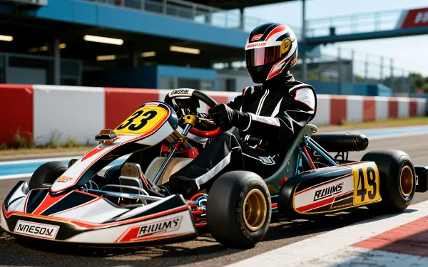 Karting driver in full suit and helmet races a #49 go‑kart on a sunlit track — dynamic 4K Ultra HD PC desktop wallpaper background.
