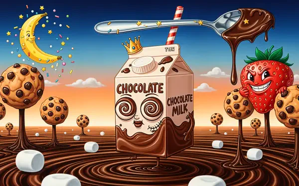Whimsical 4K Ultra HD PC desktop wallpaper/background: crowned chocolate milk carton with straw among cookie-lollipop trees, marshmallows and a dripping spoon on a swirling chocolate landscape.