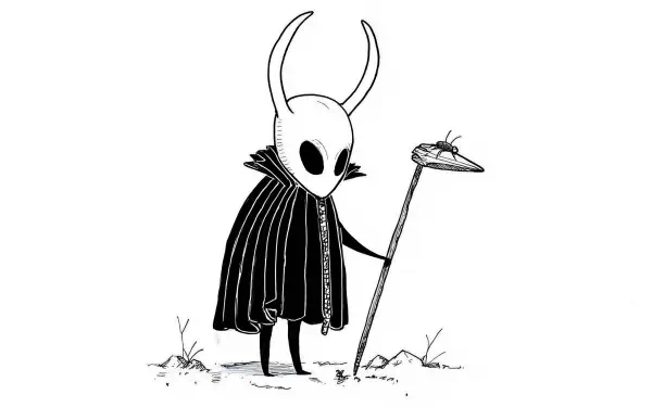 Black & white HD PC wallpaper featuring a Hollow Knight character from the video game Hollow Knight: Silksong — a small horned, cloaked figure holding a staff.