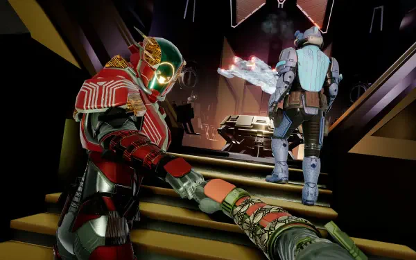 POV HD PC desktop wallpaper of a Void Crew video game scene: a red-armored alien grabs the viewer's arm on a spaceship stairwell as another crewmember walks ahead.