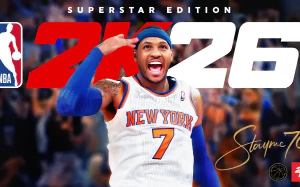 NBA 2K26 8K Ultra HD PC wallpaper: a cheering New York Knicks #7 player in-game, celebrating on-court with Superstar Edition branding.