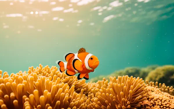 4K Ultra HD PC desktop wallpaper and background: a vibrant clownfish swims above golden sea anemone in turquoise, sunlit water.